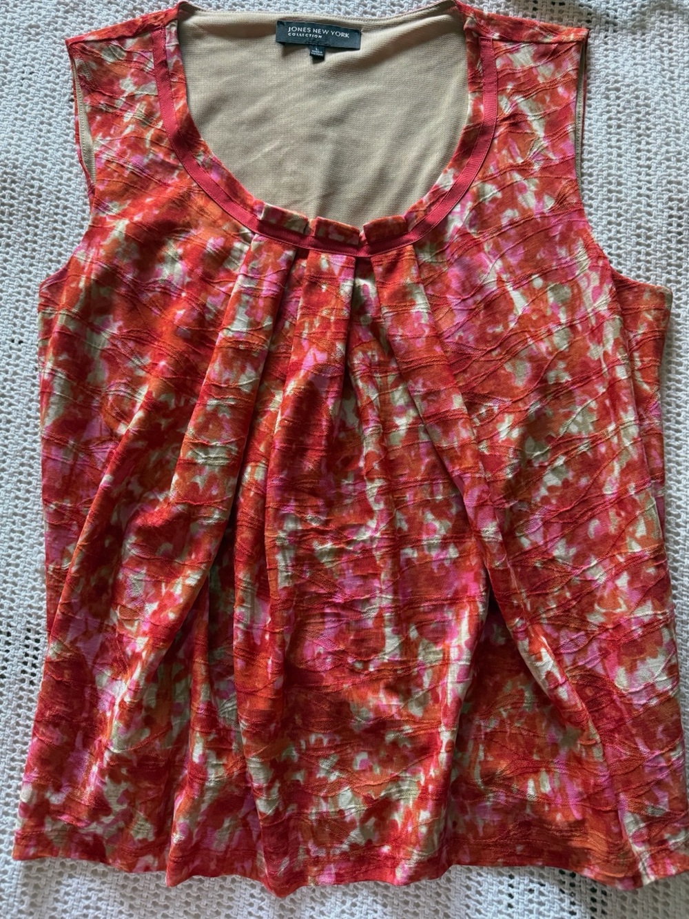 Jones New York Red Pink and Cream Floral Pleated Tank Shell Top
